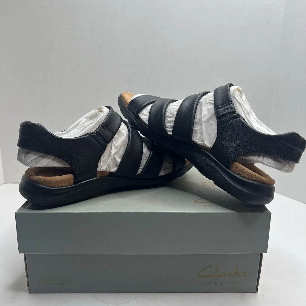 Clarks Artisan Kitly Ave Womens 7 M Black Leather Strappy Comfort Sandals